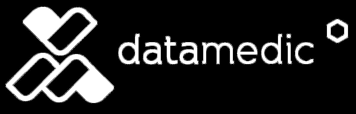 Datamedic logo featuring geometric X design with checkmark and text on black background